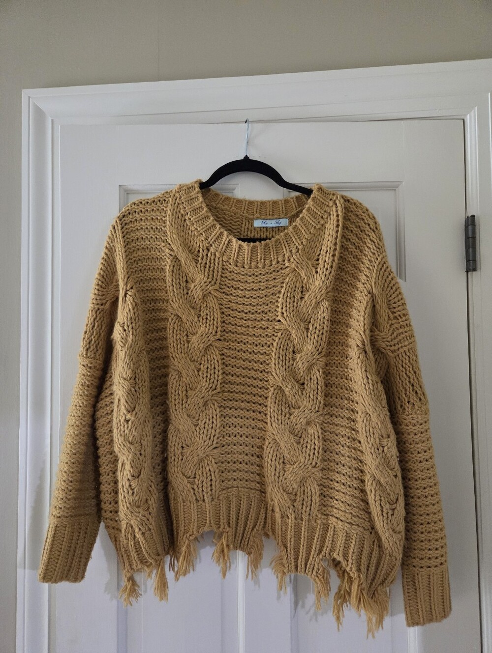 She + Sky Mustard Cable Knit Fringe Crewneck Sweater